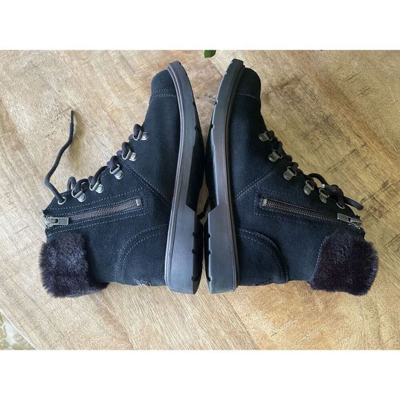 UGG Black Suede Shearling Hiker Boots Women Size 5 US 37 EU Lace Up Zip Winter - Picture 5 of 9